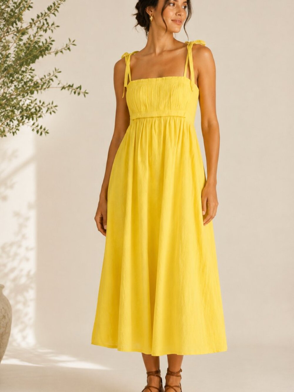 Ulla Johnson Laetitia Linen Blend Midi Dress Sunsprite Yellow Ruched Tie Strap S